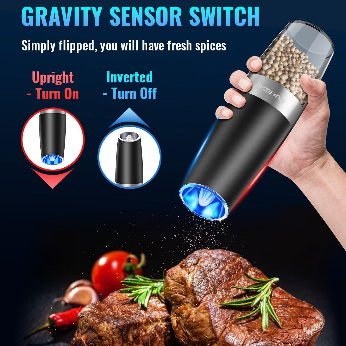 Gravity Sensor Salt and Pepper Grinder with Adjustable Ceramic Rotor and LED Light
