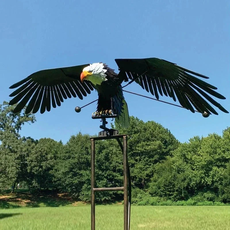 Metal Bird Garden Stake with Wind Activated Wings and Bearing Guided Motion