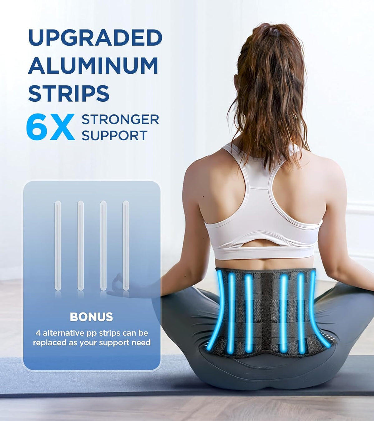 Adjustable Lumbar Support Brace with Aluminum Strips and Reversible Pads