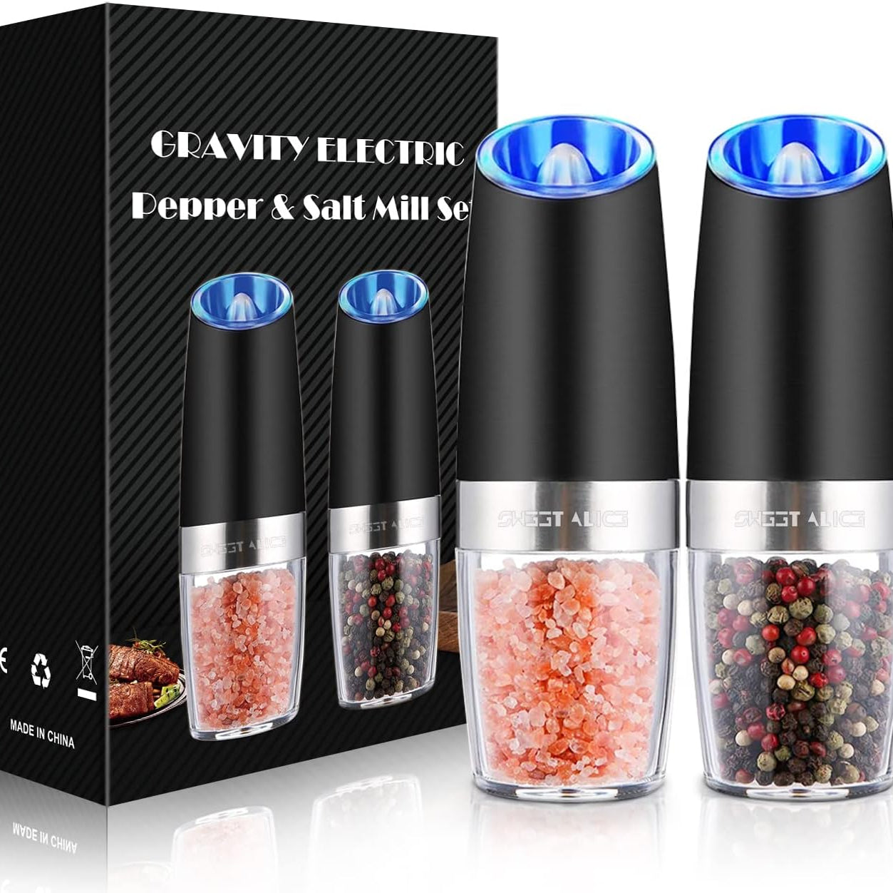 Gravity Sensor Salt and Pepper Grinder with Adjustable Ceramic Rotor and LED Light
