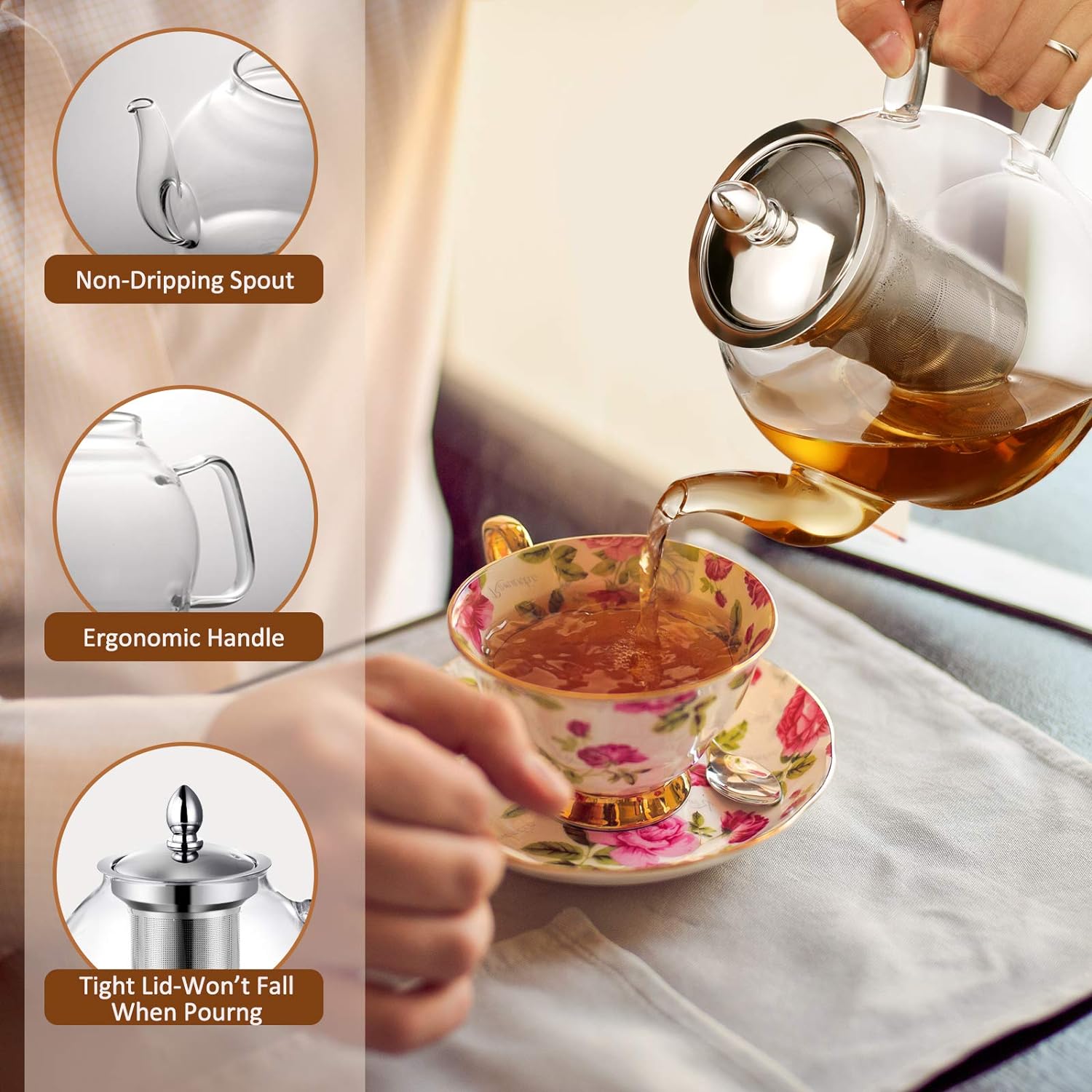Glass Teapot 1000ml with Removable Stainless Steel Infuser and Non Drip Spout