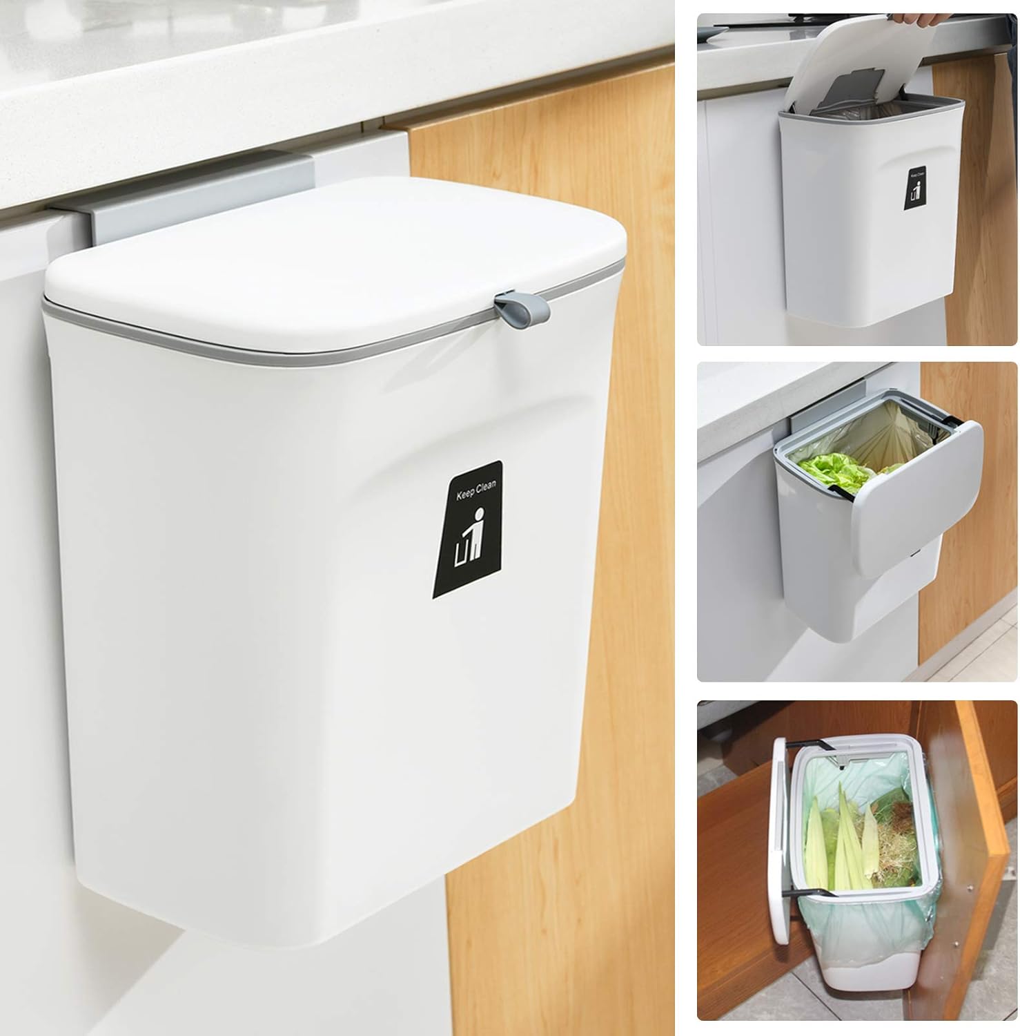 Kitchen Compost Bin with Rolling Airtight Lid and Mounting Hooks, 2.4 Gallon