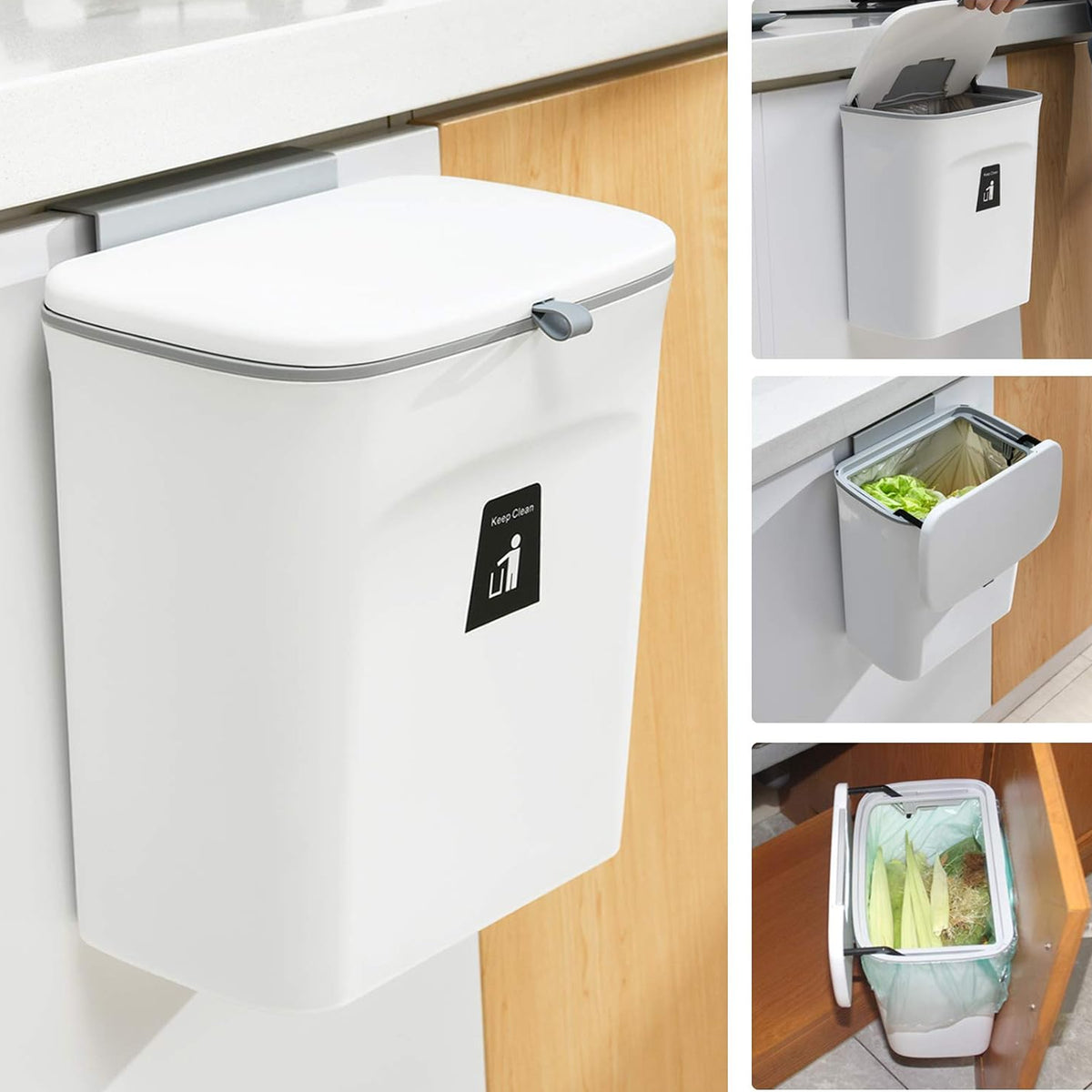 Kitchen Compost Bin with Rolling Airtight Lid and Mounting Hooks, 2.4 Gallon