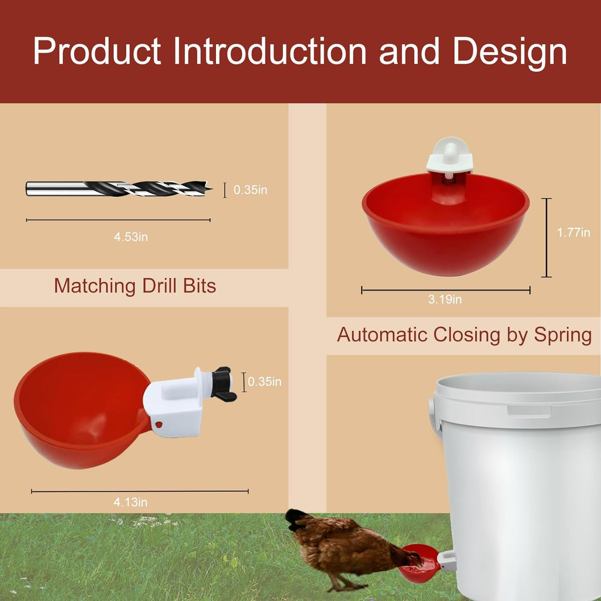 Gravity Chicken Waterer Cups with Spring Valve and Rubber Seals, 10-Pack