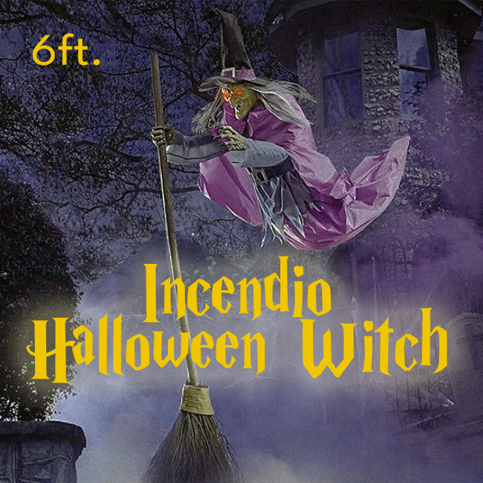 Witch Yard Decoration 6 Foot Tall with Floating Broom Effect and Scary Face Details