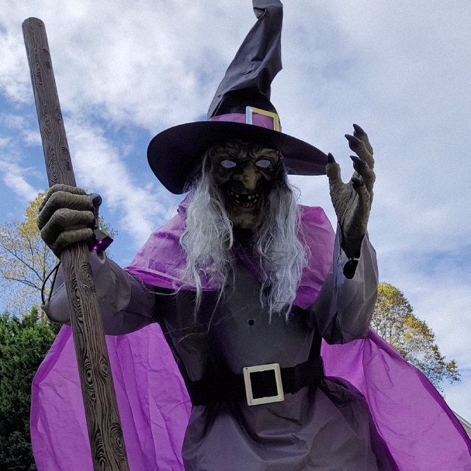 Witch Yard Decoration 6 Foot Tall with Floating Broom Effect and Scary Face Details