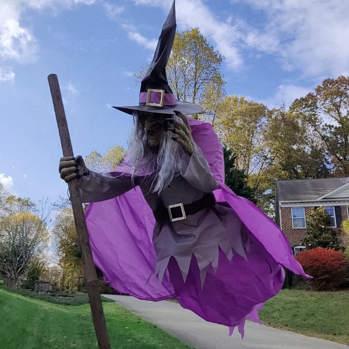 Witch Yard Decoration 6 Foot Tall with Floating Broom Effect and Scary Face Details