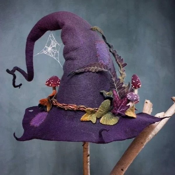 Merino Wool Witch Hat with Hand Dyed Silk Chiffon and Adjustable Fit