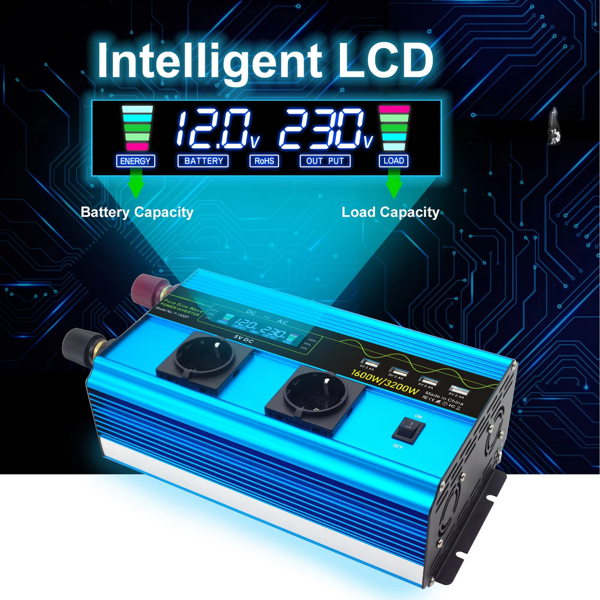 4000W Pure Sine Wave Inverter with Dual Voltage Input and Household Outlets for Cars and Solar Systems
