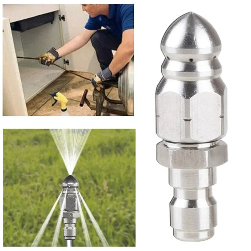 Stainless Steel Sewer Jetter Nozzle with Angled Water Jets and Pointed Tip