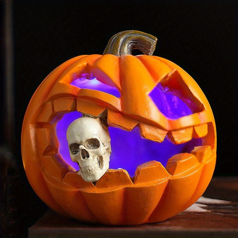 Carved Jack OLantern Resin Ornament with Skull Detail and Freestanding Base