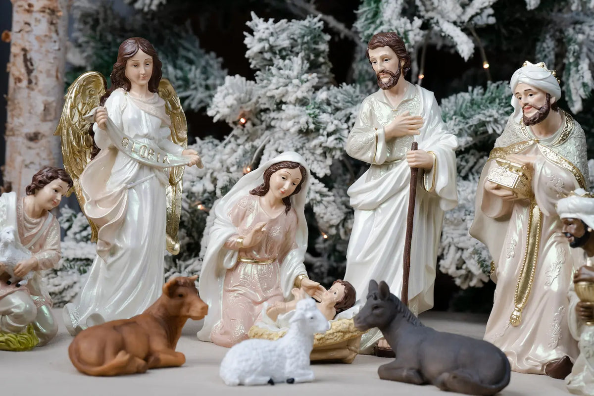 Eleven Piece Blush Pink and Ivory Nativity Set with a Gloria Banner Angel and a Pearlized Finish in Three Sizes