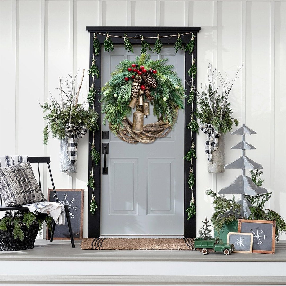Rustic Christmas Wreath with Golden Bells and Pinecones, 17 inch