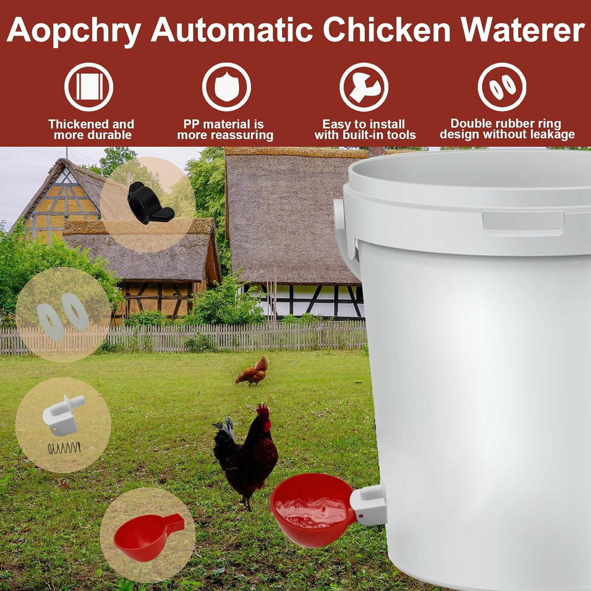 Gravity Chicken Waterer Cups with Spring Valve and Rubber Seals, 10-Pack
