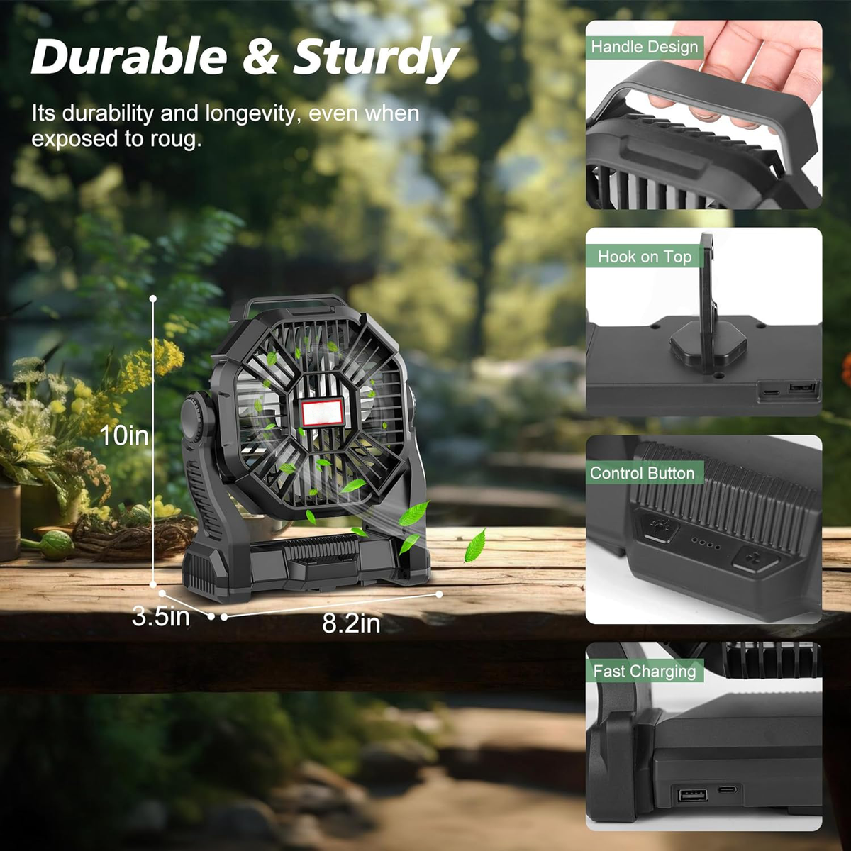 Rechargeable Camping Fan with LED Lantern and 36 Hour Runtime, 270 Rotation
