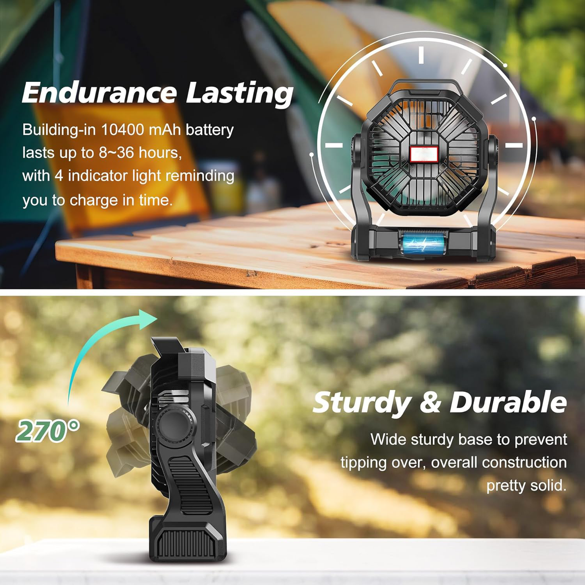 Rechargeable Camping Fan with LED Lantern and 36 Hour Runtime, 270 Rotation