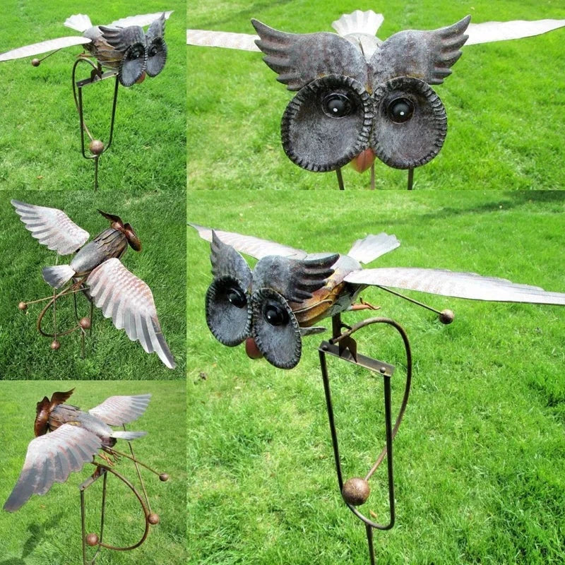 Metal Bird Garden Stake with Wind Activated Wings and Bearing Guided Motion