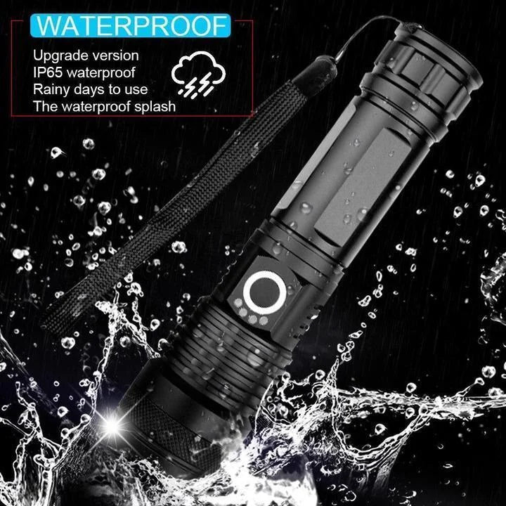 Rechargeable Flashlight with Telescopic Zoom and 90000 Lumen Output for Outdoor Camping