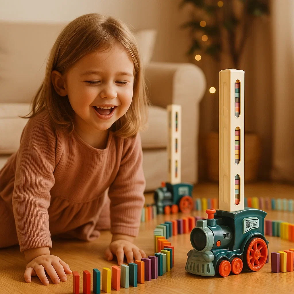 Motorized Domino Train with Automatic Placement and Multicolored Pieces