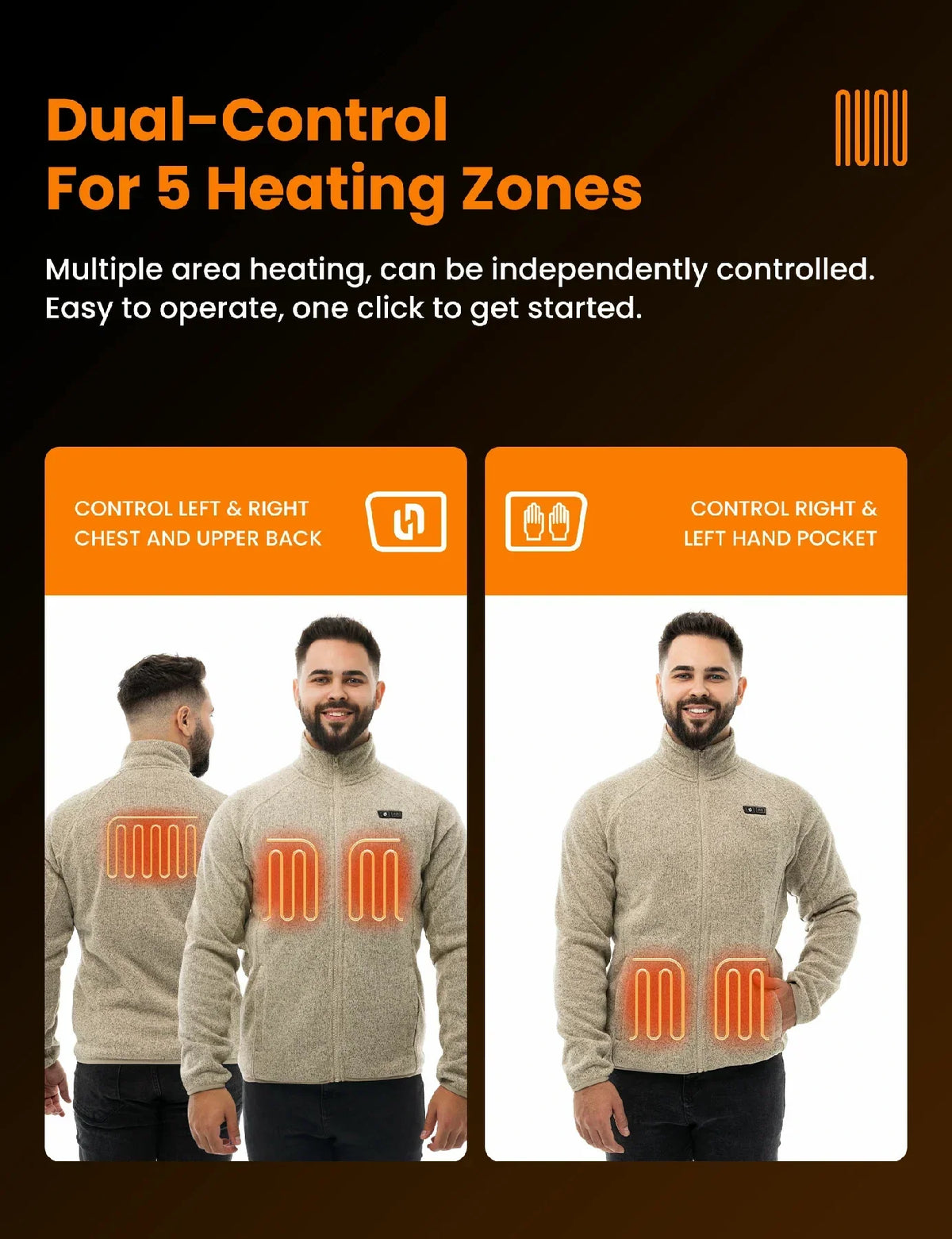 Mens Heated Fleece Jacket with Five Carbon Fiber Zones and Three Heat Levels for Outdoors