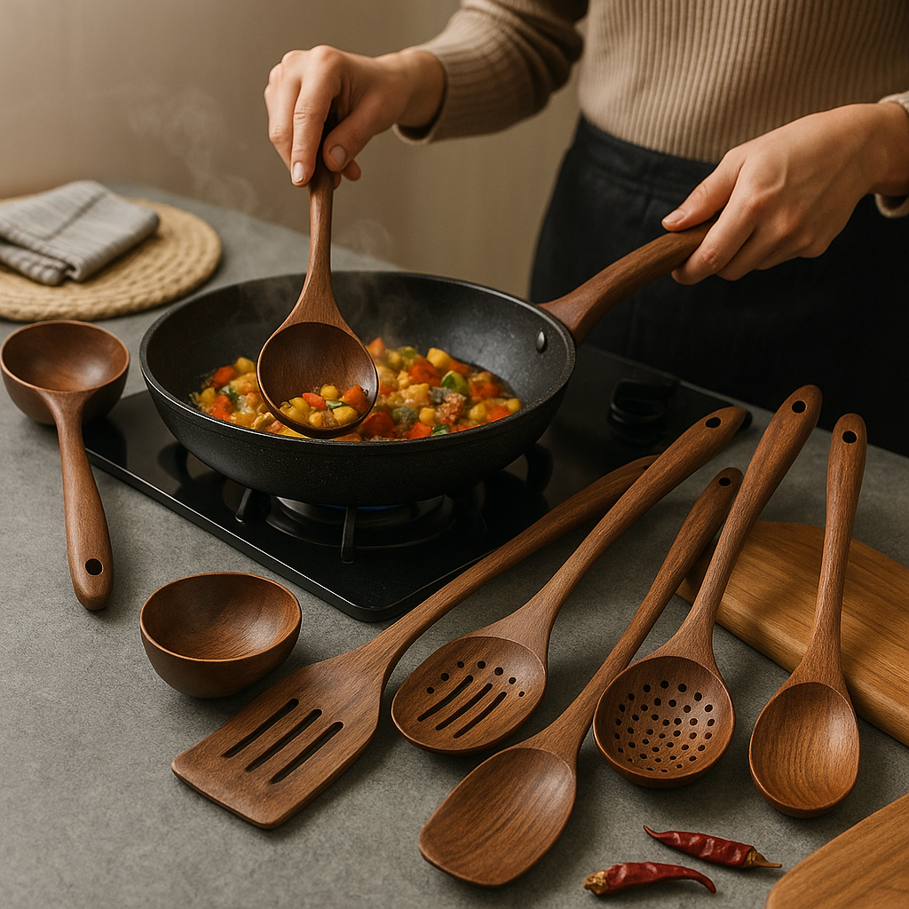 Teak Wood Cooking Utensil Set with Heat-Resistant Handles and Non-Stick Safe Design