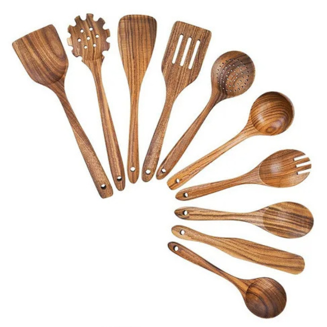 Teak Wood Cooking Utensil Set with Heat-Resistant Handles and Non-Stick Safe Design