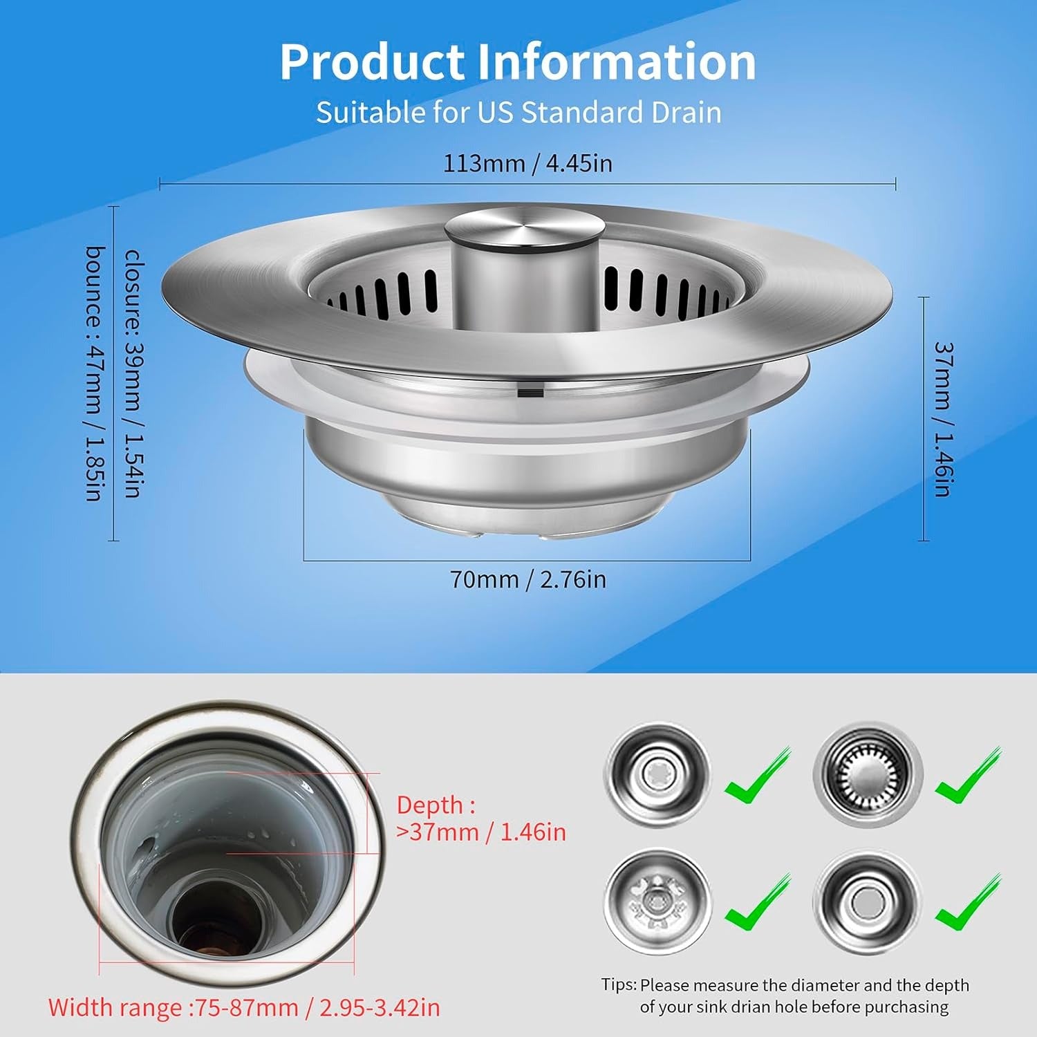 Pop Up Kitchen Sink Drain Strainer with Stainless Steel Basket Filter