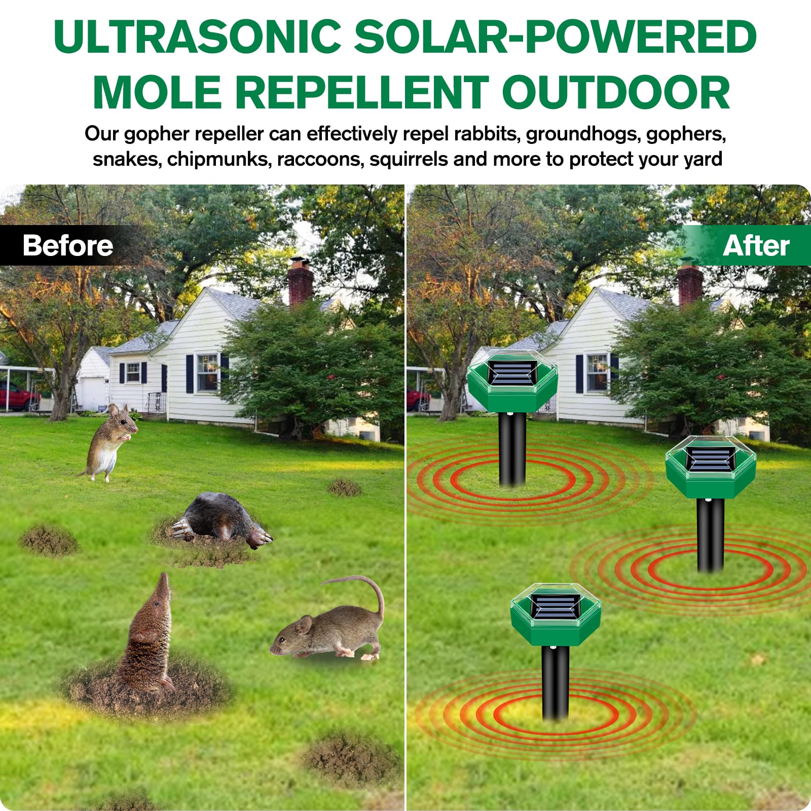 Solar Mole Repeller with Ultrasonic Pulse and Rechargeable Battery, 465 Sq Ft Coverage
