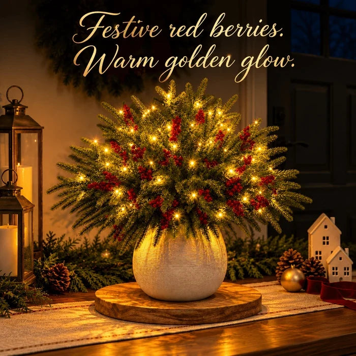 Light Up Norfolk Pine Branch with Warm Golden Twinkles Battery Powered in Classic Red Berry Or Frosted