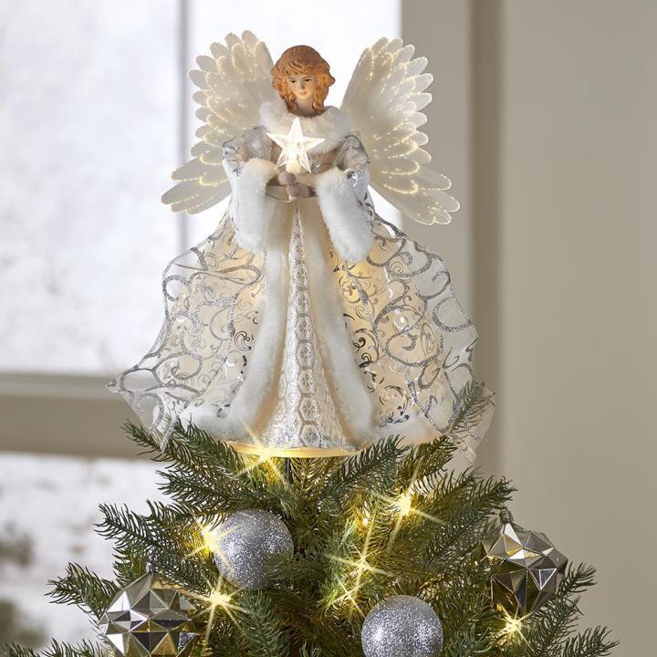 Angel Tree Topper with Moving Wings and Fiber Optic Lights, Glowing Star All Vera Mart