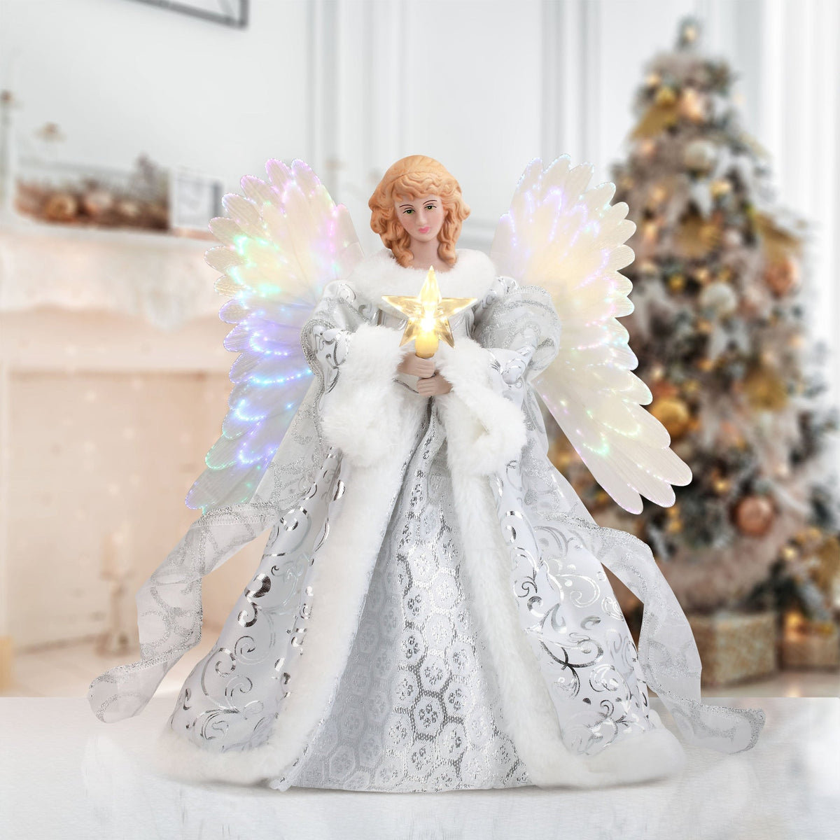 Angel Tree Topper with Moving Wings and Fiber Optic Lights, Glowing Star All Vera Mart
