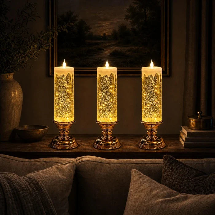 Flameless Glitter Glow Candle with Swirling Shimmer and Golden LED Light in White Gold Or Red