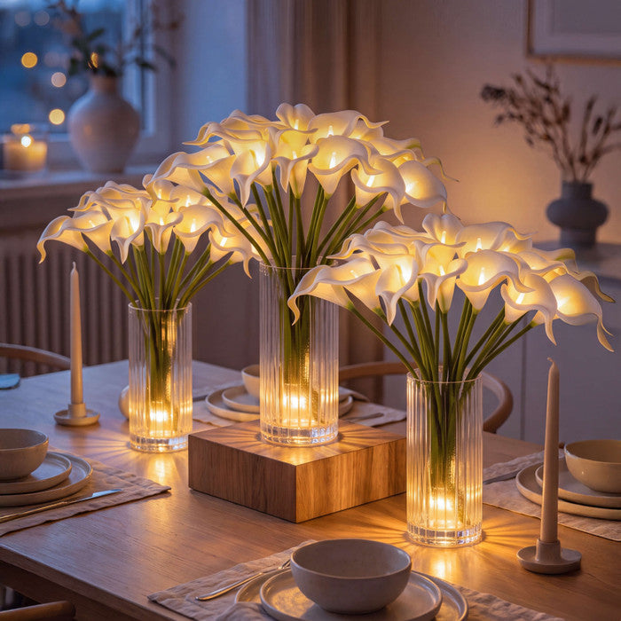 Light Up Calla Lily Bouquet with Ten White Blooms and Warm Glow Standing 15 Inches Tall