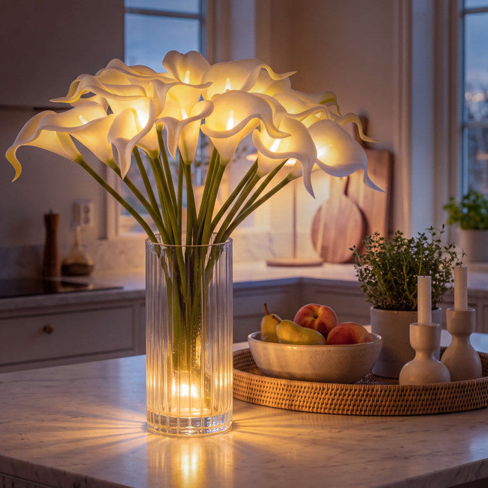 Light Up Calla Lily Bouquet with Ten White Blooms and Warm Glow Standing 15 Inches Tall