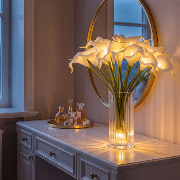 Light Up Calla Lily Bouquet with Ten White Blooms and Warm Glow Standing 15 Inches Tall