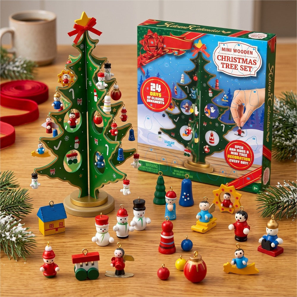 Wooden Desktop Christmas Tree Calendar with 24 Small Ornaments to Unwrap and Hang Each Day