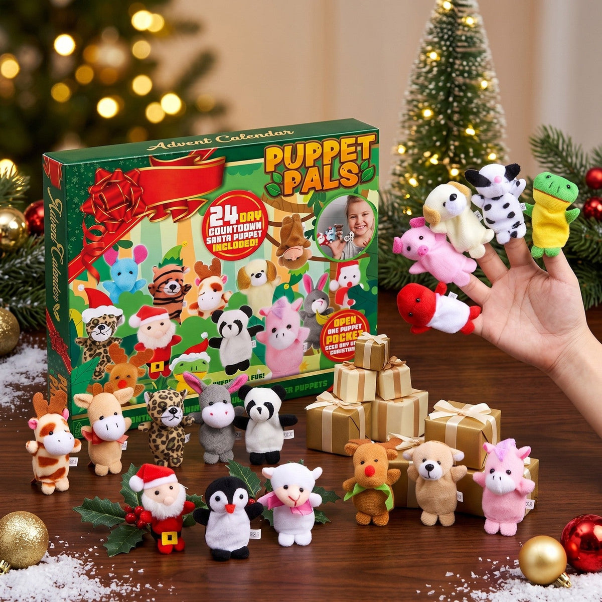 Plush Finger Puppet Advent Calendar with 24 Animal Characters for Kids