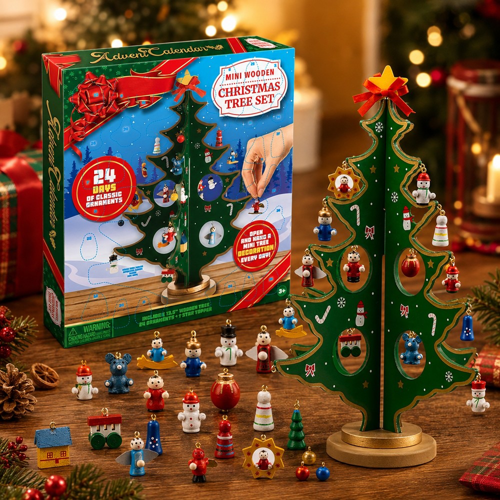 Wooden Desktop Christmas Tree Calendar with 24 Small Ornaments to Unwrap and Hang Each Day