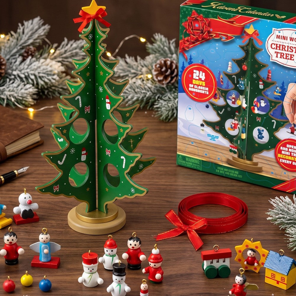 Wooden Desktop Christmas Tree Calendar with 24 Small Ornaments to Unwrap and Hang Each Day