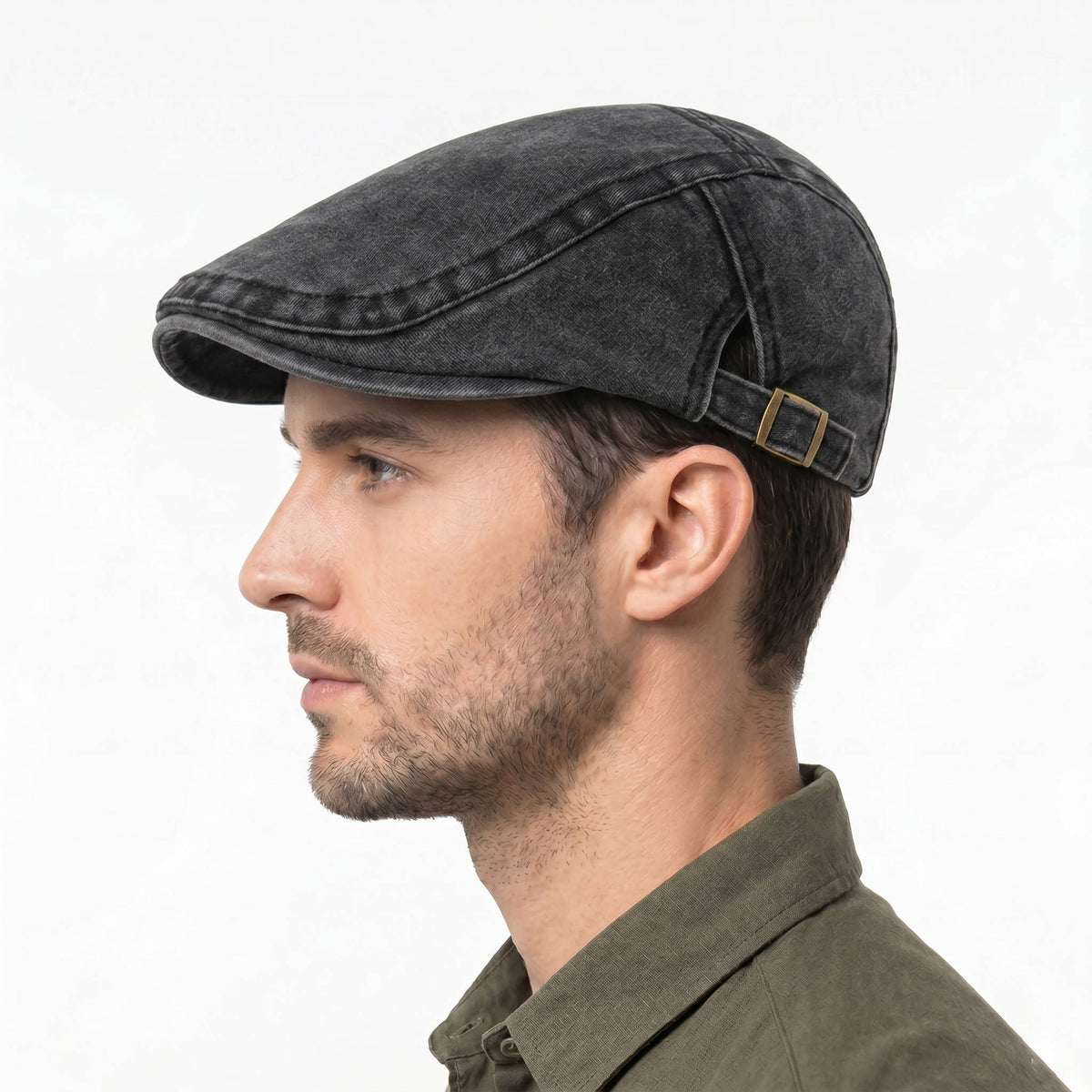 Newsboy Flat Cap with Adjustable Interior Band and Distressed Denim Finish