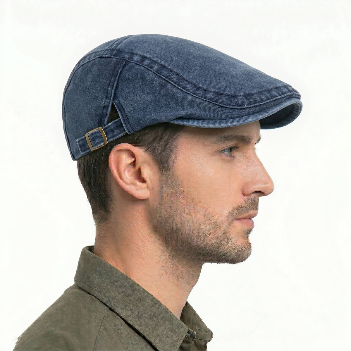 Newsboy Flat Cap with Adjustable Interior Band and Distressed Denim Finish