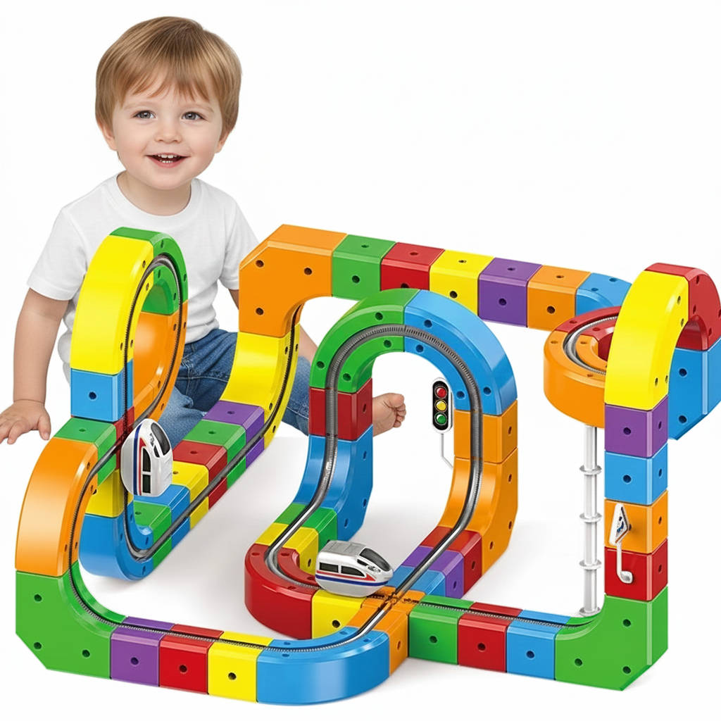 Motorized Train Set with Magnetic Track Cubes and Flexible Bendy Sections, USB Rechargeable