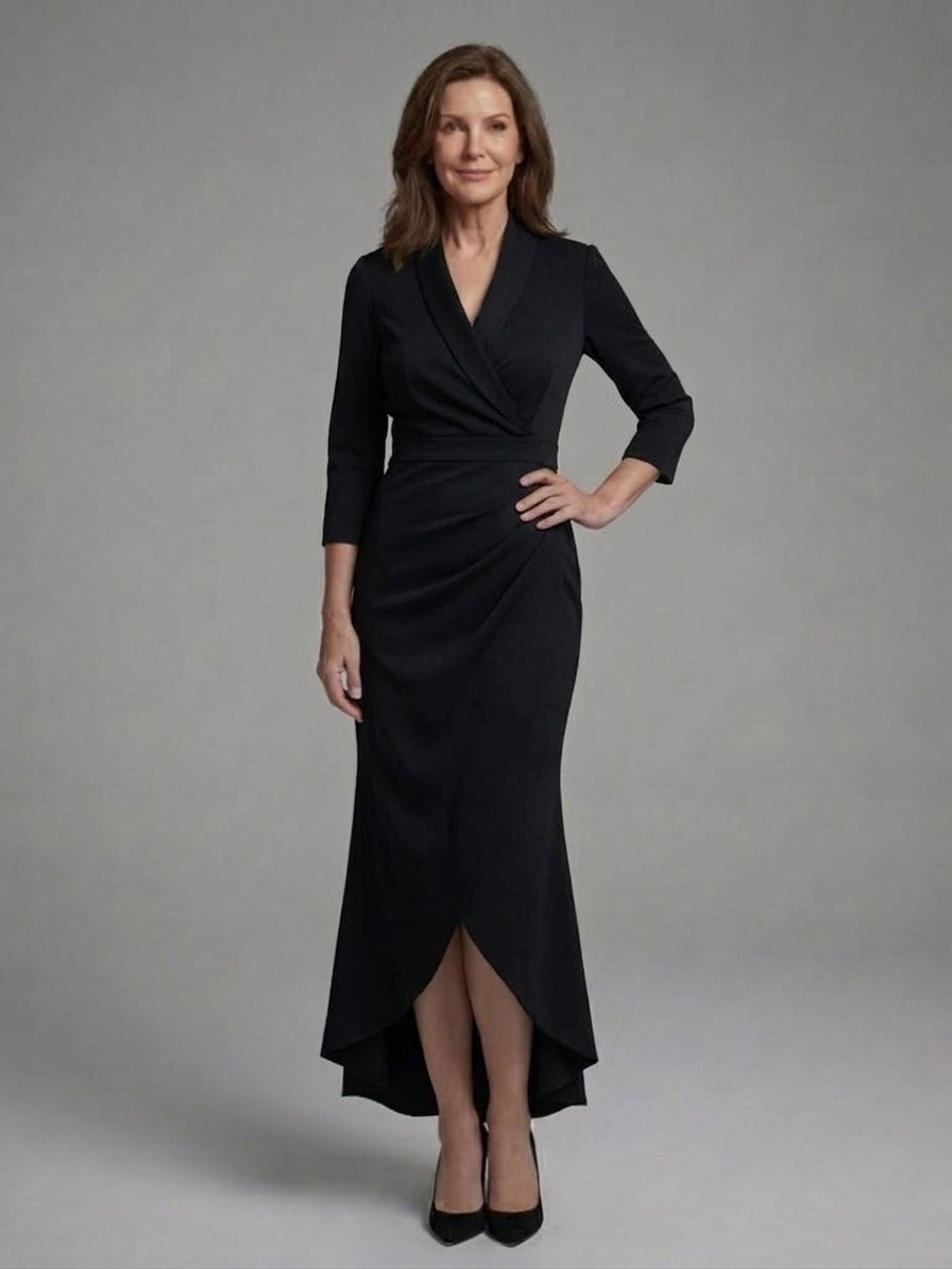 Women Long Sleeve Midi Dress with Fluid Drape and Figure Skimming Silhouette