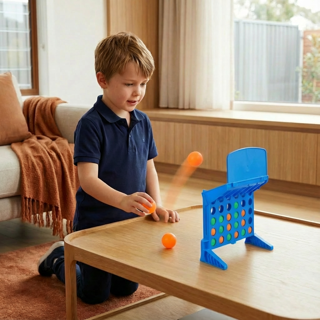 Bouncing Ball Grid Game with Four in a Row Objective and Carrying Case