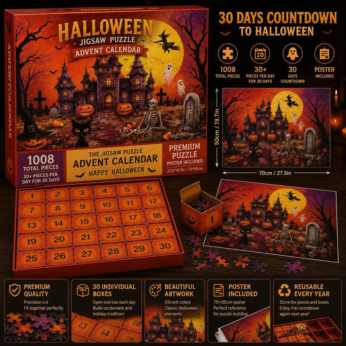 Jigsaw Puzzle Advent Calendar with Haunted Castle and Reference Poster, 1,008 Pieces