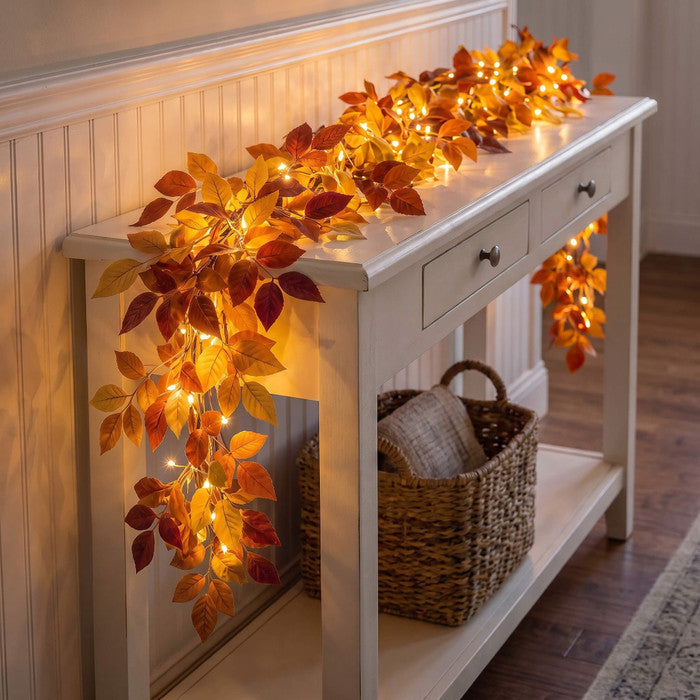 Six Foot Foliage Garland with Warm Golden Lights for Mantels Shelves and Doorways
