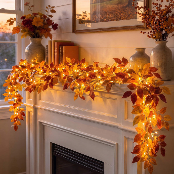 Six Foot Foliage Garland with Warm Golden Lights for Mantels Shelves and Doorways