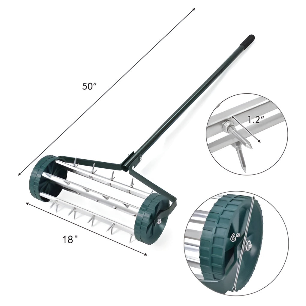 Lawn Spike Aerator with 32 Steel Spikes and 18 Inch Roller