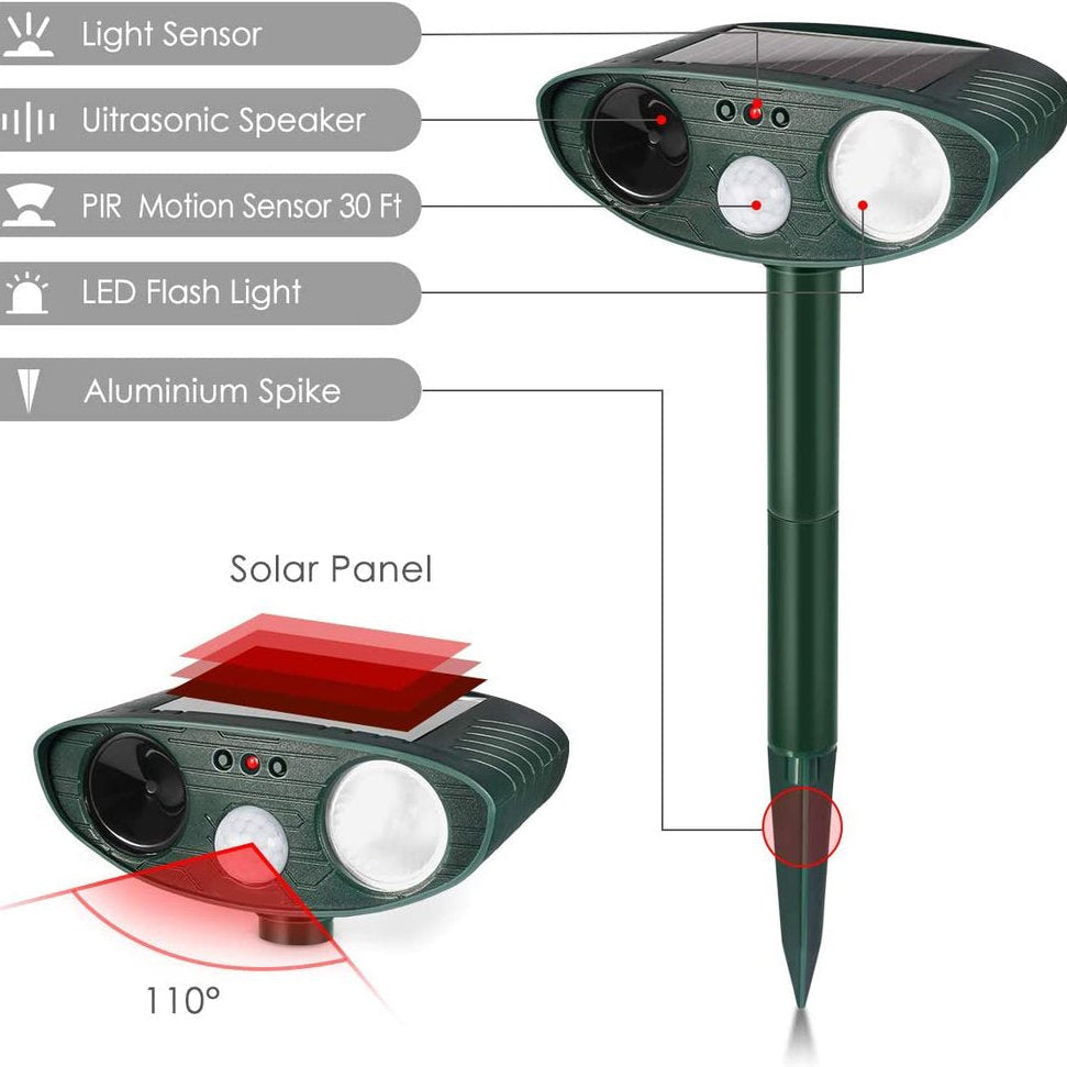 Solar Powered Ultrasonic Rabbit Repeller with Motion Sensor and Flashing Light, 30ft Range