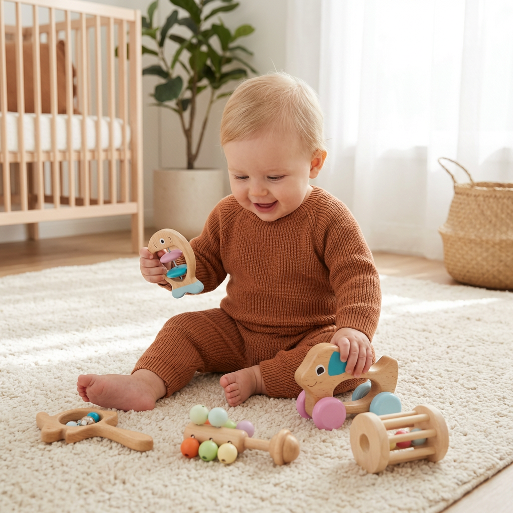 Wooden Baby Rattle Set with Multiple Grip Shapes and Gentle Sounds for Newborns